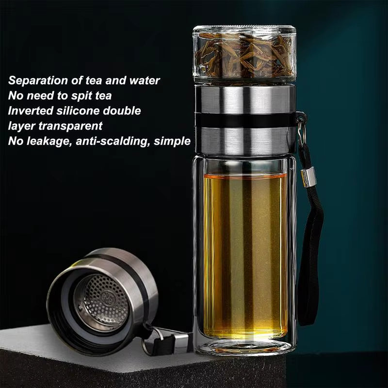 Glass Tea Infuser Bottle Leak-Proof Travel Mug Double Wall Tea Cup Portable Infuser Water Bottle Water Separation Tea Bottle