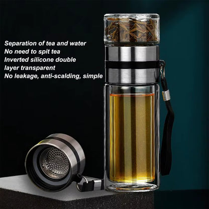Glass Tea Infuser Bottle Leak-Proof Travel Mug Double Wall Tea Cup Portable Infuser Water Bottle Water Separation Tea Bottle