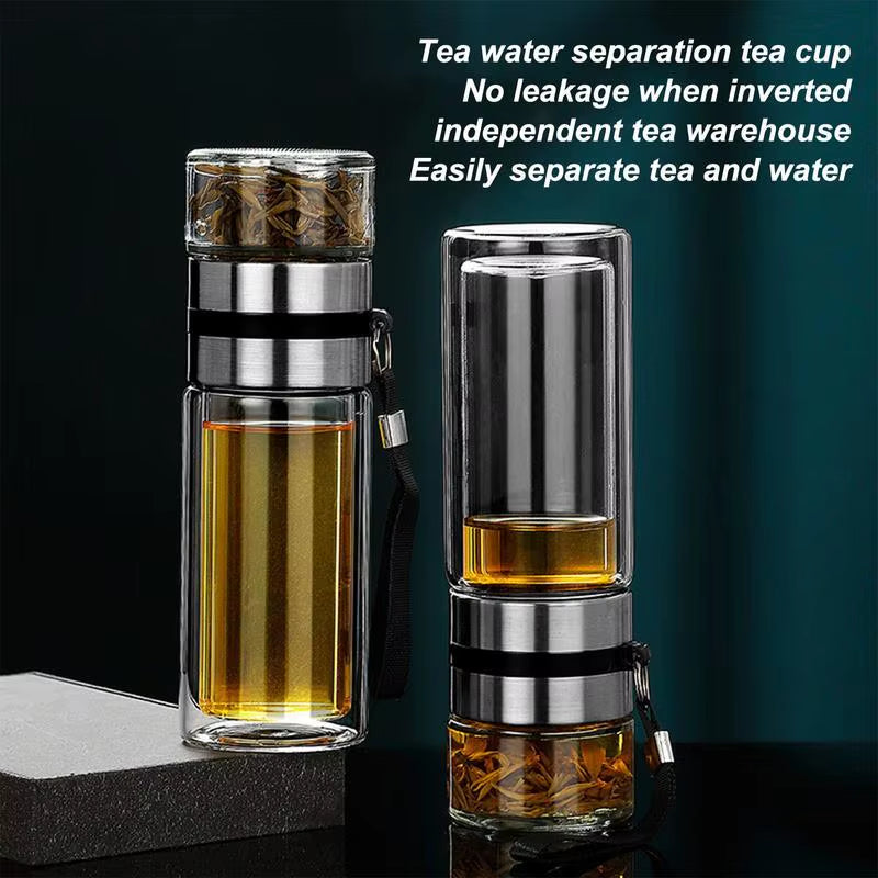 Glass Tea Infuser Bottle Leak-Proof Travel Mug Double Wall Tea Cup Portable Infuser Water Bottle Water Separation Tea Bottle